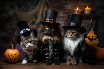 Wall Mural - Whimsy and Fun: Cats in Witches Hats Gather for a Halloween Celebration
