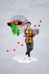 Poster - Vertical collage image of minded guy use netbook contemplate arm smart phone dollar money symbol isolated on grey paper background