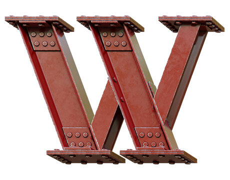 Red Steel beam font 3d rendering letter W