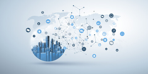 Poster - Internet of Things, Cloud Computing Design Concept with Transparent Globe and Cityscape, World Map and Icons Representing Services - Global Digital Network Connections, Smart Technology Concept