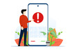 © FAHMI - Concept of warning letter, danger notification, report letter. a user has a complaint that appears on his smartphone. prohibited, reported. flat cartoon illustration on white background.