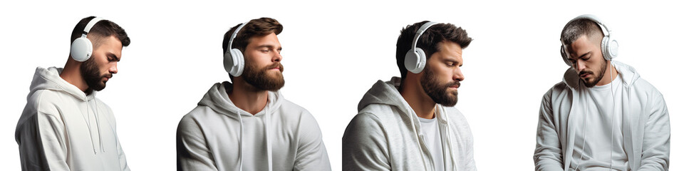 Caucasian man in white hoodie and headphones eyes closed listening to music isolated on transparent background from side