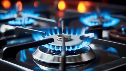 Close up shot of blue fire from domestic kitchen stove top. Gas cooker with burning flames of propane gas. Gas supply chain and news. Global gas crisis and price rise.