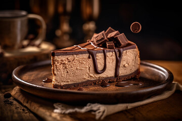 Wall Mural - Slice of triple chocolate cheesecake served on a wooden plate