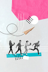 Aufkleber - Vertical design collage illustration of four young colleagues working together office send message paper plane isolated on grey background