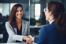 Happy Mid Aged Business Woman Manager Handshaking At Office Meeting. Smiling Female HR Hiring Recruit At Job Interview, Bank Or Insurance Agent, Lawyer Making Contract Deal With Client At Work.