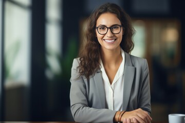 Wall Mural - Happy mid aged business woman manager at office. Corporate leader, bank or insurance agent, lawyer, accountant, successful woman, leader manager looking at camera.