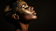 African Woman Face Silhouette With Golden Makeup. Beauty Model With Dark Skin With Golden Shiny Patterns On A Black Background