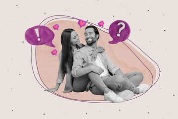 Sticker - Creative collage of two young lovers dating sitting idyllic dialogue discuss together question answer speech isolated on white background