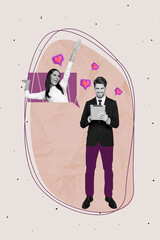 Aufkleber - Vertical collage image advertisement dating app promo businessman matches with girlfriend click like isolated on beige drawn background