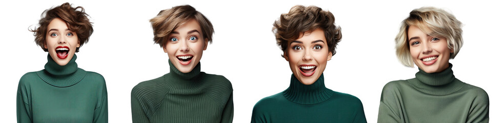 Canvas Print - Is that a close up photo of a lady with a funny short hairdo in a good mood listening to positive news with an open mouth wearing a casual green turtleneck and a warm sweater against a tran