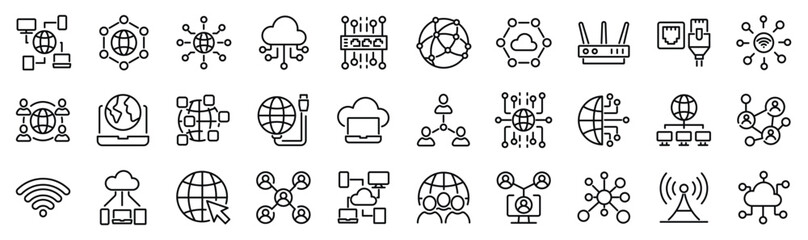 set of 30 outline icons related to network, internet. linear icon collection. editable stroke. vecto