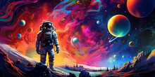 Astronaut In A Colorful Bubbles Galaxy On A Planet.
