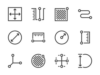 Poster - Measurement and Dimension vector line icons. Size and Scale Measure outline icon set. Length, Width, Segment, Depth, Radius, Diameter, Angle, Circumference, Area and more.