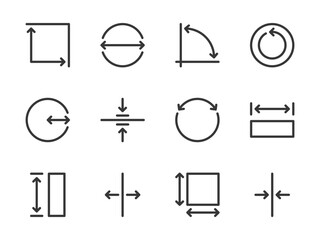 Poster - Measurement and Dimension vector line icons. Size and Scale Measure outline icon set. Length, Width, Thickness, Radius, Diameter, Angle, Circumference, Area and more.