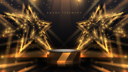 Wall Mural - Black empty podium on dark background and 3d gold star elements with light ray effects decoration and bokeh. Luxury award ceremony design concept. Vector illustration.