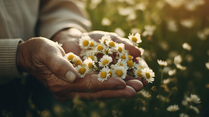 Longevity, Live to 100, Secrets of the Blue Zones, people living longest, happiest lives. Old senior male hand holding green sprout, flower bud web banner, background