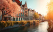 Spring background image on europe with river and golden hour
