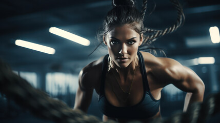 Strong woman exercising with ropes in the gym