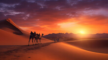 Desert Landscape Sunset And Side Way Camels Walking On The Desert