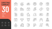 Christmas Commerce Line Editable Icons Set. Vector Illustration In Modern Thin Line Style Of Christmas  Shopping Related Icons: Sales, Gifts, Coupons, And Other Christmas Symbols. Isolated On White
