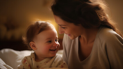 Wall Mural - love of mom and cute baby in the living room cheerful