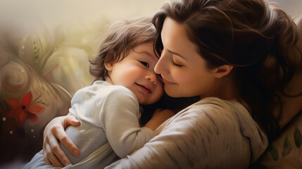 Wall Mural - love of mom and cute baby in the living room cheerful