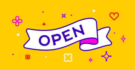 Wall Mural - ribbon and banner open. greeting card with ribbon and word open. trendy barbie style barbiecore ribb