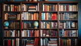 Fototapeta  - wooden bookshelves with books neatly arranged to fill the shelves. School library room.