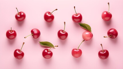 Wall Mural - Cherries photo realistic flat lay pattern background.