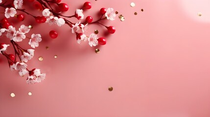 Wall Mural - Cherries and cherry blossom flowers with golden confetti. Festive background.