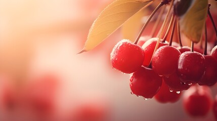 Wall Mural - Close up cherry berries plant. Organic blurred summer background with sunlight and copy space.