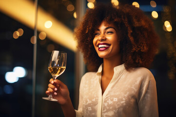 Joyful Woman Toasting with Champagne at a Celebration