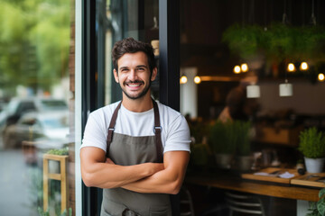 Cafe Owner Standing at the Entrance, Ready for Business