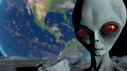 Wall Mural - scary gray alien stands on the moon and looks blinking. planet earth is visible. ufo futuristic conc