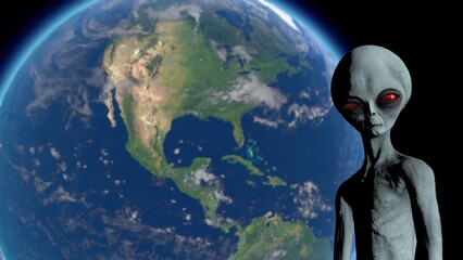 Wall Mural - scary gray alien stands on the moon and looks blinking. planet earth is visible. ufo futuristic conc
