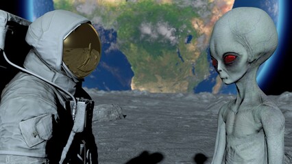 Wall Mural - an astronaut and a gray alien stand looking at each other on the moon. first contact.. planet earth 
