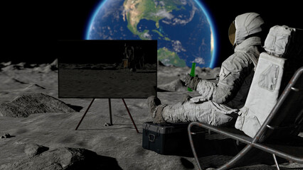 Wall Mural - 3d rendering. lunar astronaut drinking beer sitting in easy beach chair on moon surface, enjoying vi