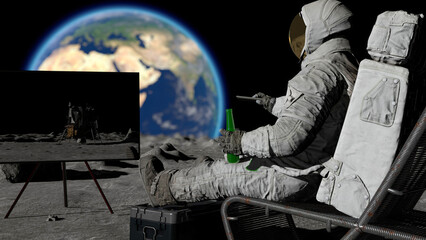 Wall Mural - 3d rendering. lunar astronaut drinking beer sitting in easy beach chair on moon surface, enjoying vi