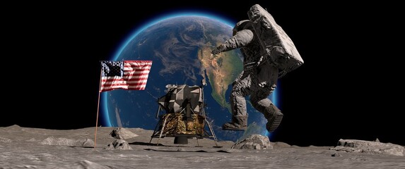 Wall Mural - lunar astronaut jumping on the moon and saluting the american flag. astronaut walking on the moon. 3
