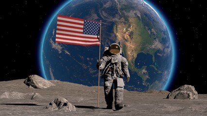 Wall Mural - lunar astronaut walks on the moon with american flag and salutes. 3d rendering.