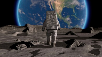 Wall Mural - lunar astronaut in space suit walking on the moon. planet earth is visible. 3d rendering.