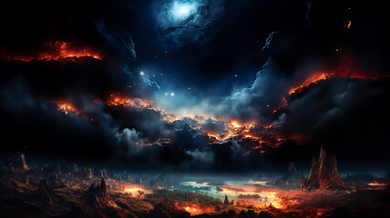 Wall Mural - dramatic landscape of an unknown planet, with high stone mountains, cosmic clouds, smoke, and fire. 