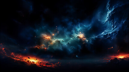 Wall Mural - dramatic landscape of an unknown planet, with high stone mountains, cosmic clouds, smoke, and fire. 
