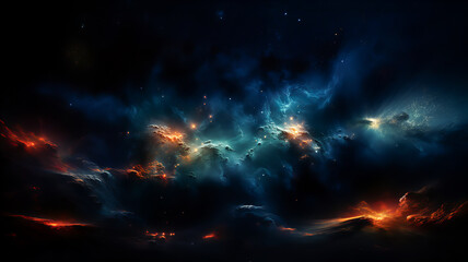 Wall Mural - dramatic landscape of an unknown planet, with high stone mountains, cosmic clouds, smoke, and fire. 