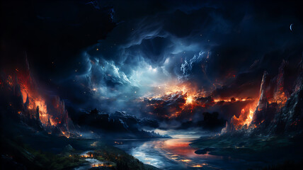 Wall Mural - dramatic landscape of an unknown planet, with high stone mountains, cosmic clouds, smoke, and fire. 