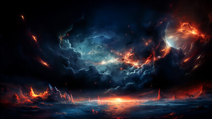 Wall Mural - dramatic landscape of an unknown planet, with high stone mountains, cosmic clouds, smoke, and fire. 