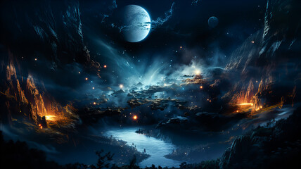 Wall Mural - dramatic landscape of an unknown planet, with high stone mountains, cosmic clouds, smoke, and fire. 