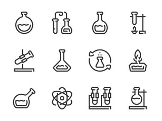 Poster - Chemistry and Science vector line icons. Laboratory and Chemical Research outline icon set. Flask, Beaker, Molecule, Burner, Atom, Equipment, Distillation and more.