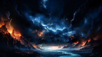 Wall Mural - dramatic landscape of an unknown planet, with high stone mountains, cosmic clouds, smoke, and fire. 